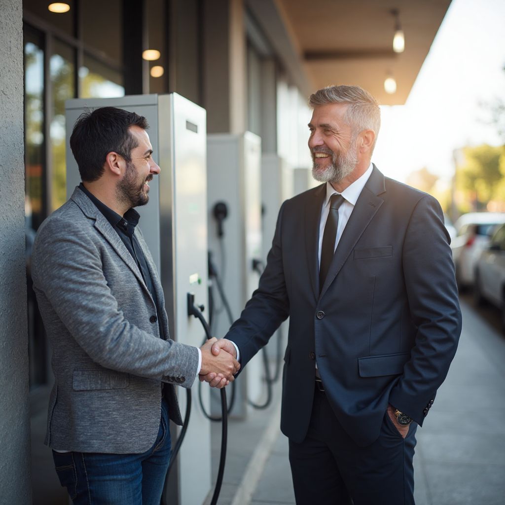 Inversor satisfecho junto a estación de carga